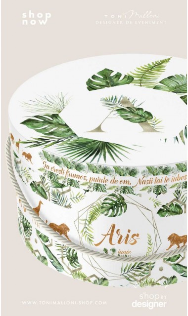 Trusou de botez cu animale gold din jungla si pattern frunze palmier Gold Jungle Tropical 3